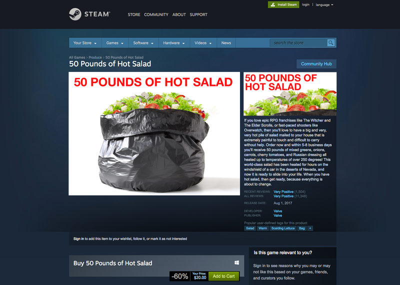 Illustration for article titled Gamers Rejoice: Steam Is Having A Sale This Week On 50 Pounds Of Hot Salad For Only $5
